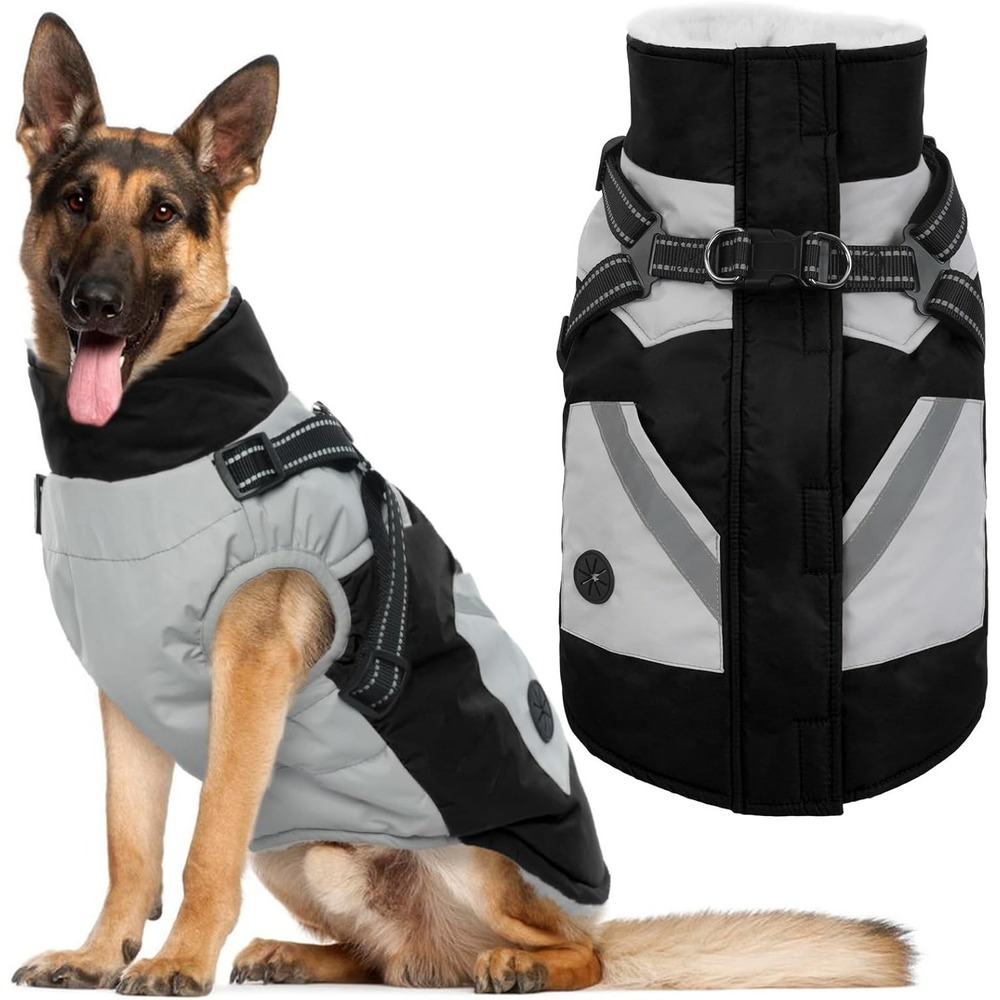 IECOii Dog Winter Coat Harness Jacket‎ Waterproof Black XL Large Dogs